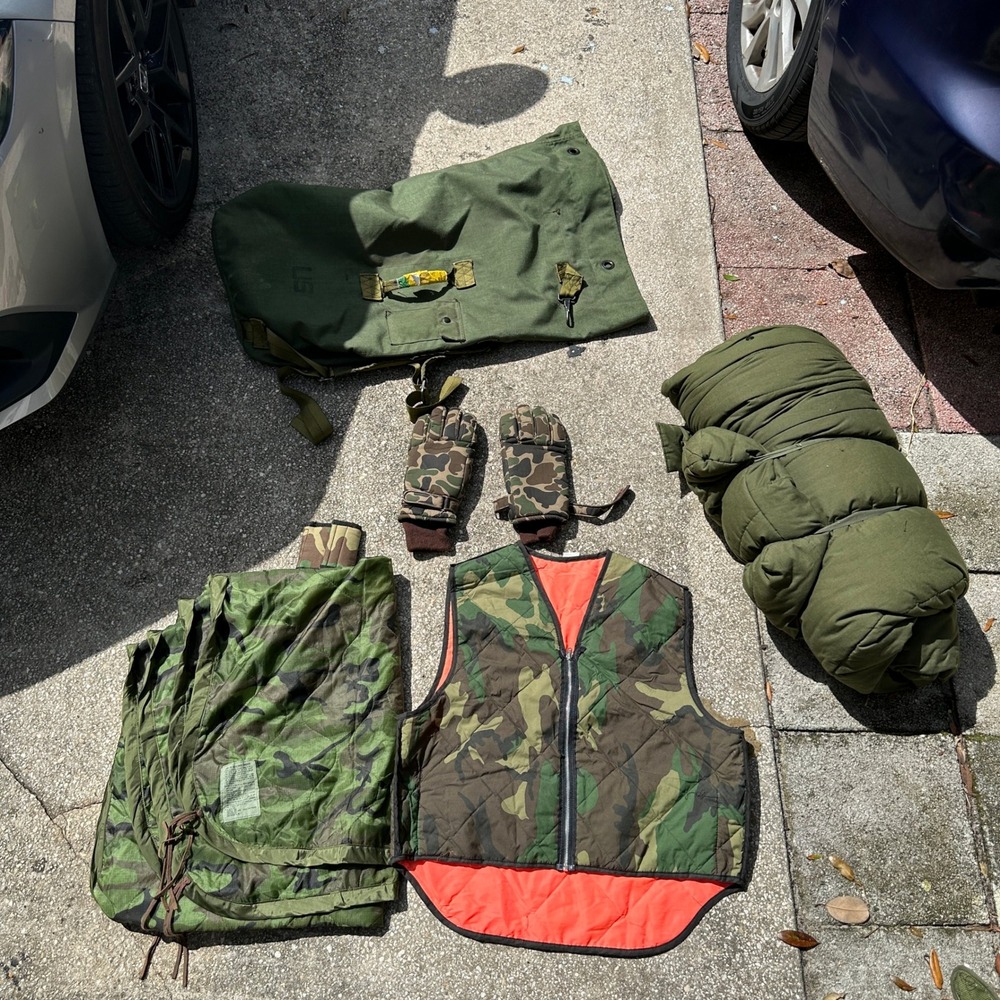 Vintage US Military Surplus Lot Poncho Liner Duffel Bag Camo Vest Gloves Gear